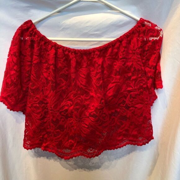 Ambiance Crop Blouse Lace Red M - Picture 2 of 8